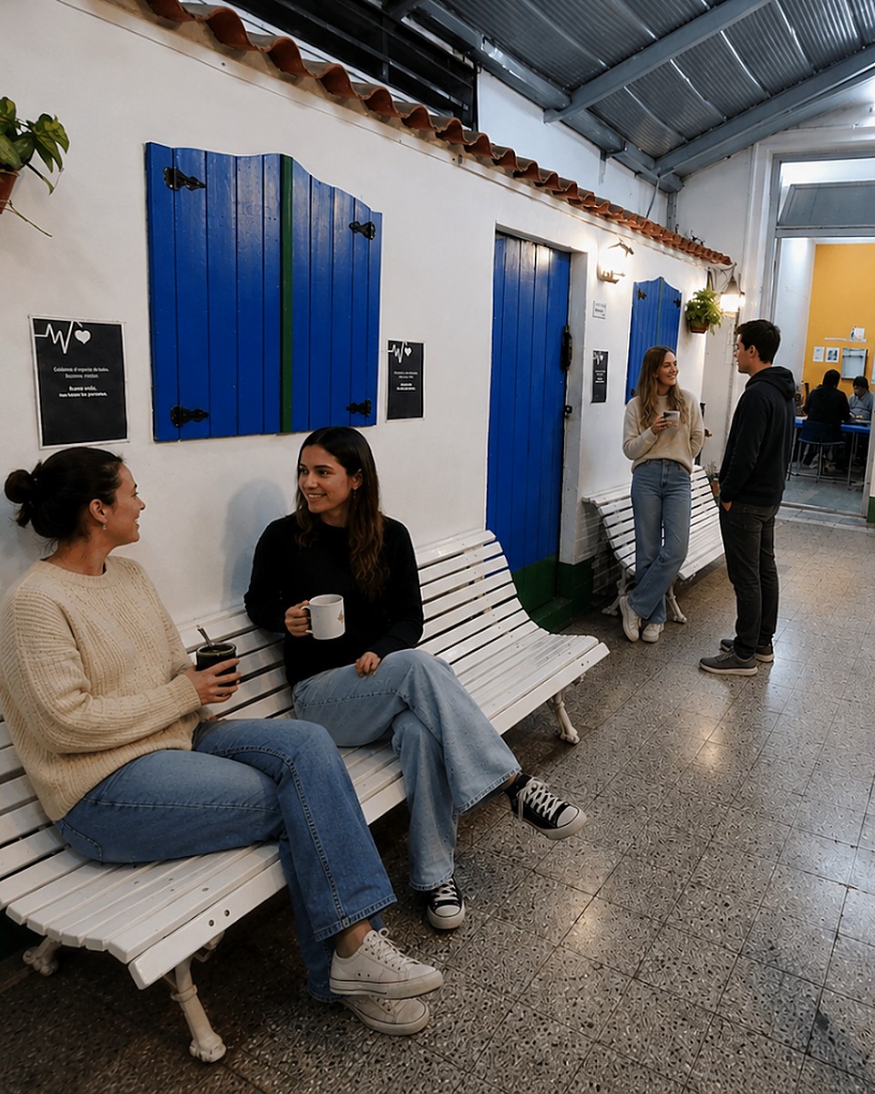 Estudiantes compartiendo un mate en el patio de la sede de IDIP, con el aula al fondo